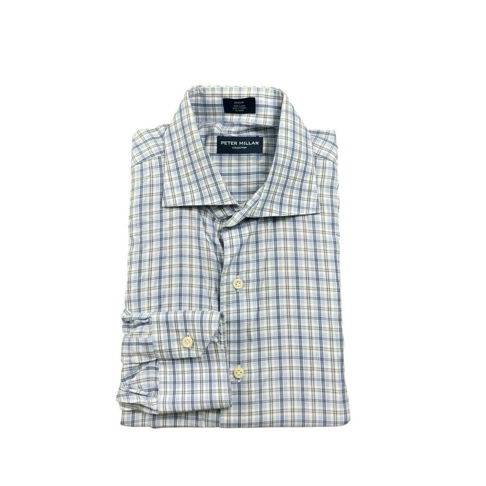 Peter Millar Collection Mens Blue White Checked Cotton Button Front Shirt Size M